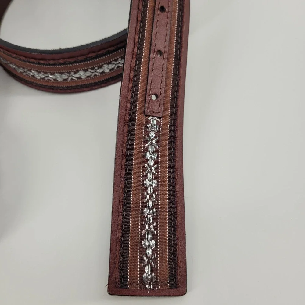 Womens Brown Leather Western Belt XL Silver Embroidered Mosaic Boho Eclectic